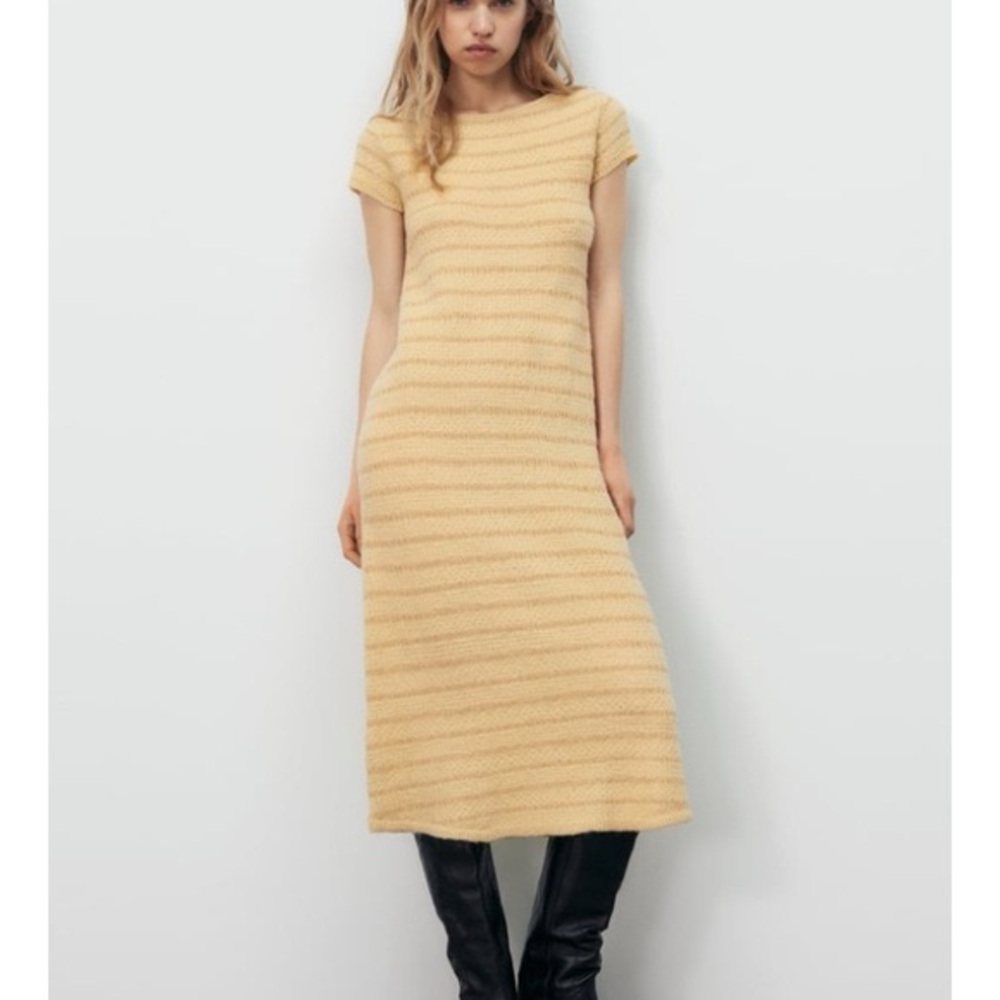 NWT ZARA WOOL Blend Knit Cap Sleeve Contrast‎ Detail Midi Dress 9698/033 LARGE